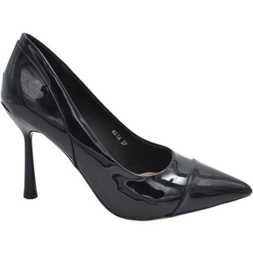 Malu Shoes decollete' donna a punta lucida nero tacco a clessidra 10 cm linea basic con punta in rilievo cerimonie eventi moda