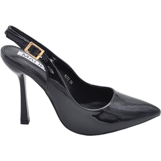 Malu Shoes scarpe decollete slingback donna elegante a punta in vernice lucida nero tacco 10 cm cinturino retro tallone regolabile