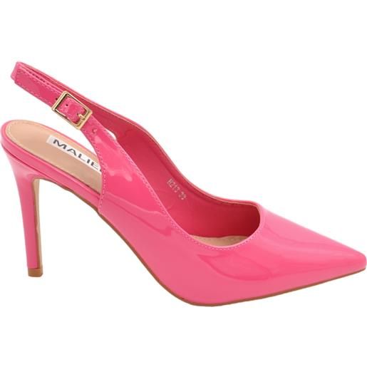 Malu Shoes scarpe decollete slingback donna elegante a punta in vernice lucida fucsia tacco 10cm cinturino retro tallone regolabile