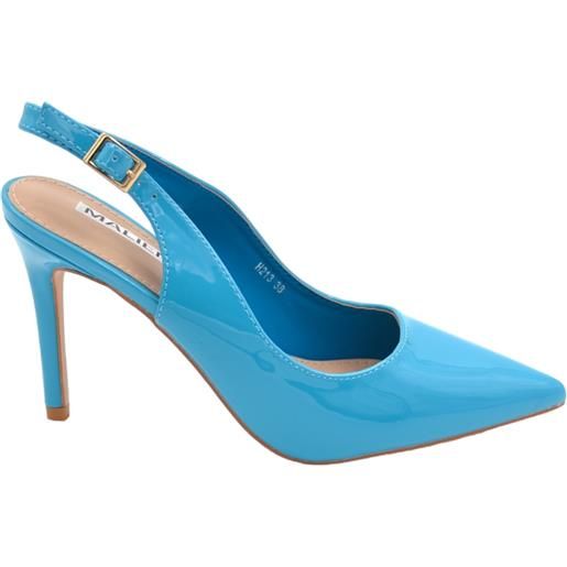Malu Shoes scarpe decollete slingback donna elegante a punta in vernice lucida celeste tacco 10cm cinturino tallone regolabile