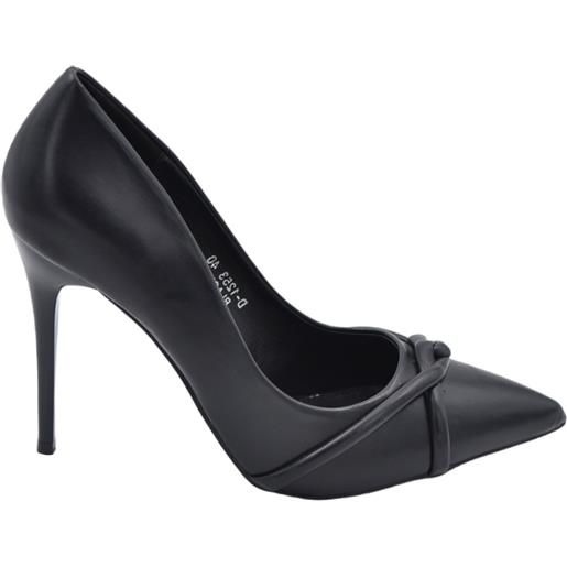 Malu Shoes decollete scarpa donna a punta in pelle nera con nodo in rilievo tacco sottile 12 cm elegante evento cerimonia