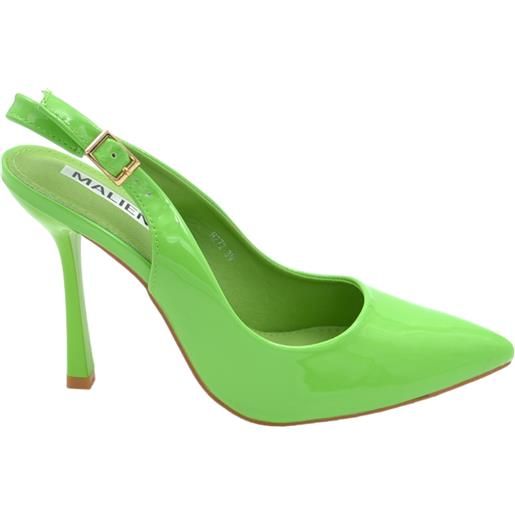 Malu Shoes scarpe decollete slingback donna elegante a punta in vernice lucida verde tacco 10 cm cinturino retro tallone regolabile