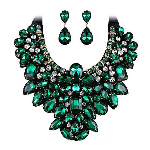 EVER FAITH parure gioielli donna, cristallo retro costume statement collana orecchini set per banchetto, ballo verde