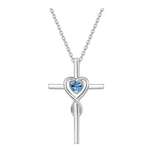 FANCIME croce ciondolo collana infinito cuore per donna in argento 925 con topazio blu naturale - catena lunghezza: 40 + 5 cm