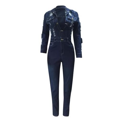 Generico jeans neri donna tuta strappata in denim sexy a maniche lunghe con bottoni casuali pantalone felpato (blue, xxl)
