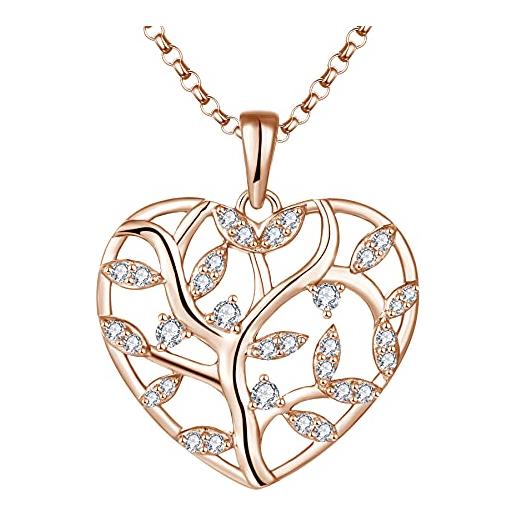 JO WISDOM collana di albero della vita argento 925 donna, ciondolo con catena cuore zirconia cubica 3a con baño de oro rosa