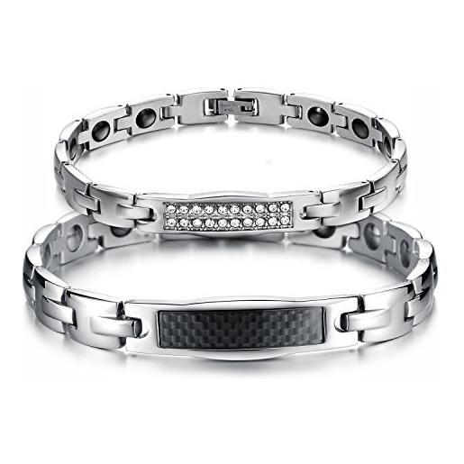 Cupimatch coppia lovers braccialetto catena acciaio inossidabile magnete mosaico strass argento nero(1 paio)