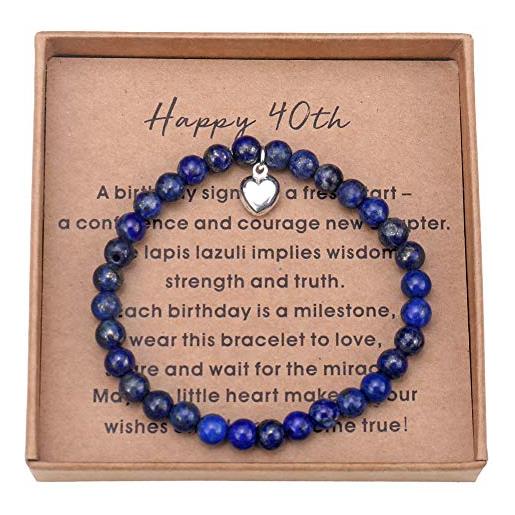 Giuesytic 40 regali di compleanno per donne di 40 anni - bracciale con perline in lapislazzuli con ciondolo a forma di cuore in argento sterling con biglietto e confezione regalo