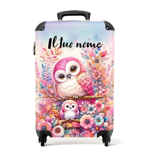 NoBoringSuitcases.com © valigie per bambini valigie da viaggio valigia per bambini bagagli per bambini da baglagio a mano - valigia media in 20 immagini (due gufi rosa con fiori colorati, 55x40x20 cm)