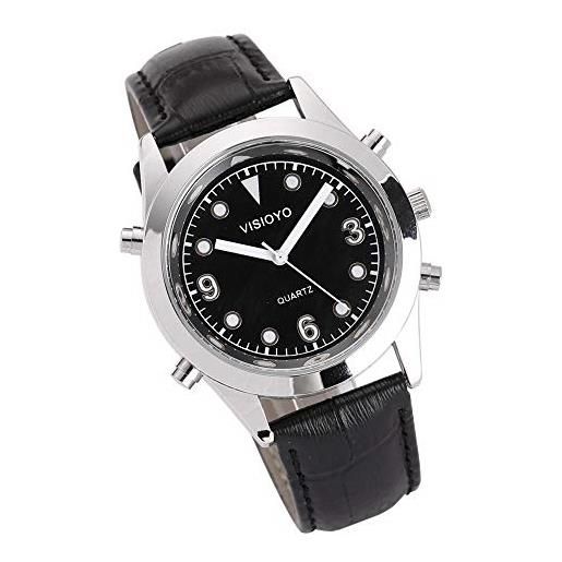 VISIONU orologio parlante in italiano, con sveglia e relazione oraria, quadrante nero (cinturino in pelle nero tisb-2302it)