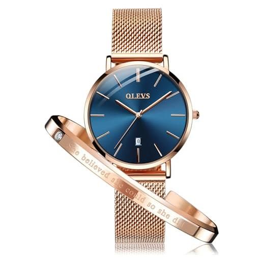 OLEVS orologio da donna 6,5 mm ultra sottile in oro rosa minimalista orologio da polso orologio da polso da donna al quarzo impermeabile, rosa e blu, bracciale