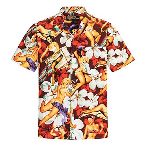 Hawaiihemdshop camicia hawaiana, da uomo, in cotone, taglia s - 8xl, con tasca sul petto, a maniche corte, pin-up, fiori, aloha, maglietta hawaiana, bottoni in cocco colore: rosso xxxl