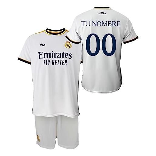 Real Madrid set t-shirt e pantaloni personalizzati della prima equipaggiamento stagione 2023/2024 - replica ufficiale autorizzata con licenza - bambino, bianco, 6 anni