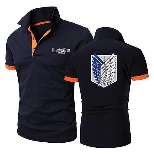 GLLUSA polo da golf da uomo per attack on titan t-shirt da rugby stampa a mezza manica con colletto t-shirt a maniche corte t-shirt sportiva abbigliamento intimo-navy blue+orange||m