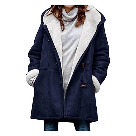 Bluelucon giacca da donna in pile con cappuccio e casual, alla moda, calda giacca in pile, tinta unita, con chiusura lampo