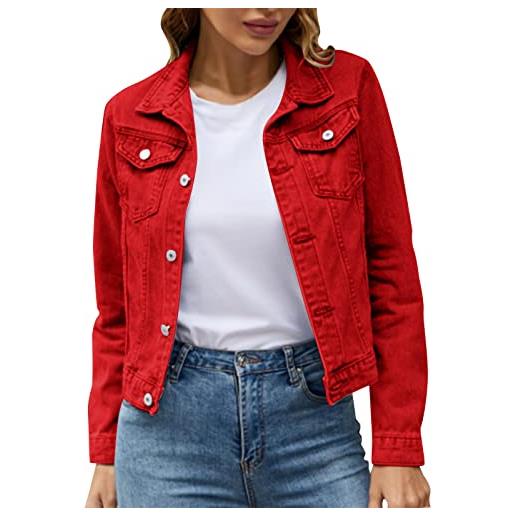 Generic 2024 new donna basic solid color button down denim giacca di cotone con tasche giacca di jeans cappotto da donna, colore: rosso, m