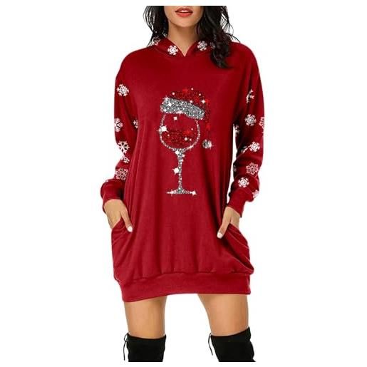 Bluelucon vestito natalizio da donna, divertente, con cappuccio, renna, bicchiere da vino, stampa a maniche lunghe, lungo, maglione natalizio, lunghezza al ginocchio, con cappuccio, #03 rosso. , s