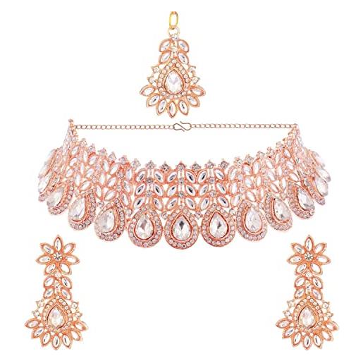 Efulgenz set di gioielli da sposa in cristallo austriaco con strass collana girocollo pendenti a goccia con catena a testa di maang tikka, gioielli indiani da donna, rame