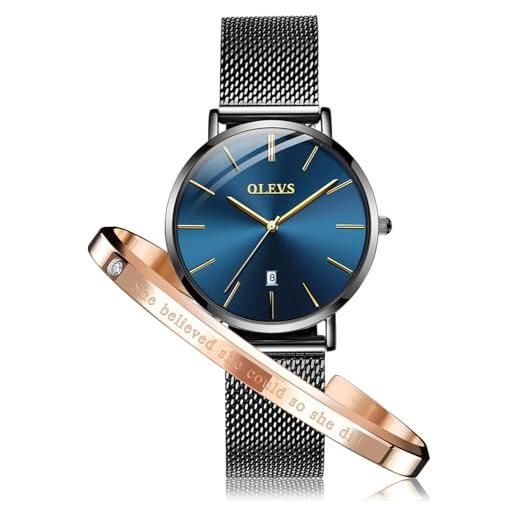 OLEVS orologio da donna 6,5 mm ultra sottile in oro rosa minimalista orologio da polso orologio da polso da donna al quarzo impermeabile, nero e blu. , bracciale