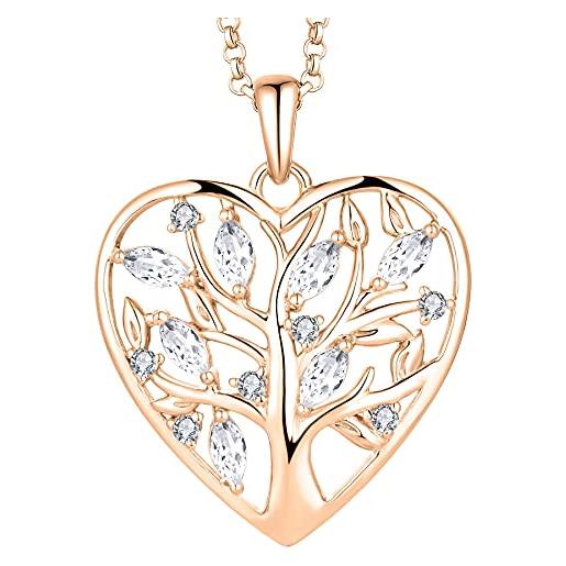 JO WISDOM collana albero della vita cuore argento 925 5a zirconia cubica donna con placcato oro rosa, ciondolo con catena