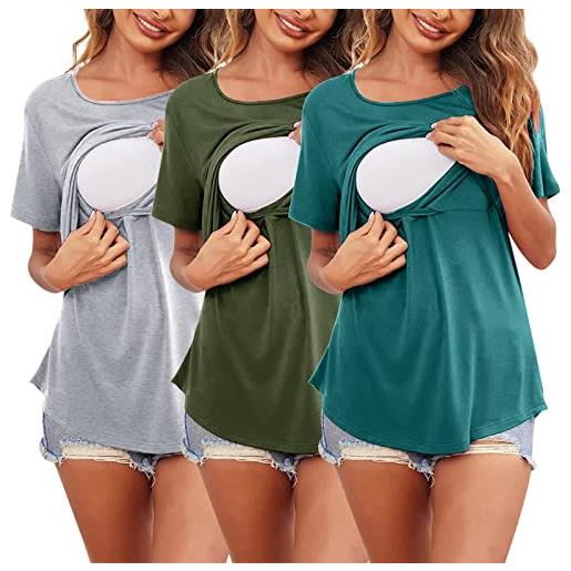 Generico t-shirt premaman da donna a manica corta girocollo tinta unita asimmetrica per allattamento al seno, confezione da 3 per donne maternità allattamento top