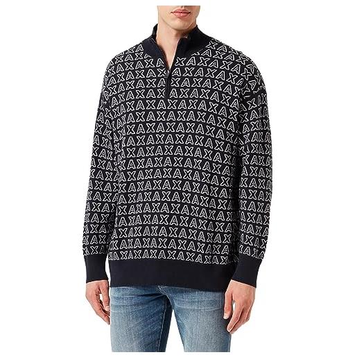 Armani Exchange maniche lunghe, collo con cerniera, logo all over maglione, navy bold outline, m uomo
