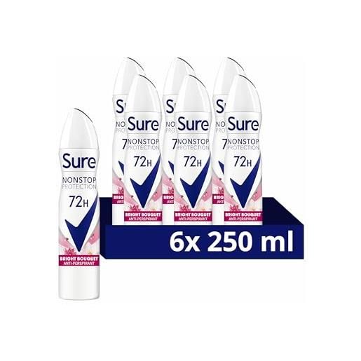 Sure deodorante spray per il corpo da donna, anti-stop, con profumo di fragola e vaniglia e tecnologia attivata dal calore corporeo, per 72 ore di protezione dal sudore, 250 ml, confezione da 6