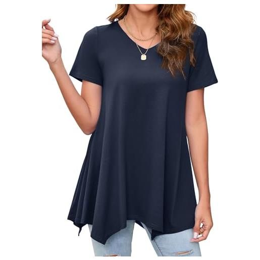 Enmain maglietta donna tunica manica corta estiva camicetta scollo v top camicie longline donna tunica con stampata floreale per vacanze primavera estate, blu, xxl