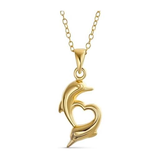 Bling Jewelry collana con ciondolo a forma di cuore con delfini ideale per vacanze tropicali lune di miele e nuotate per donne placcata in oro 14k e in argento sterling. 925