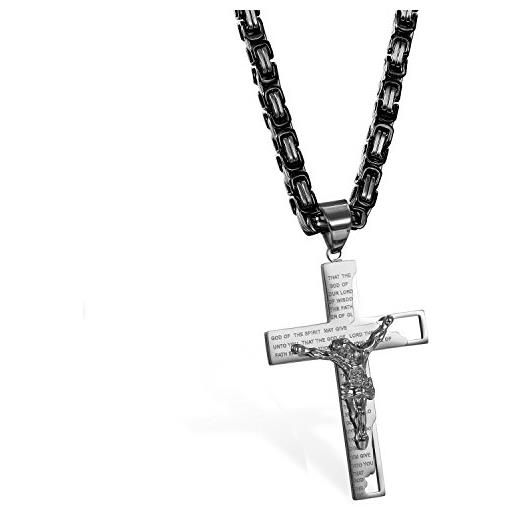 JewelryWe collana con pendente croce da uomo donna, ciondolo preghiera del padre in inglese, originale collana colore argento acciaio inossidabile catena 65cm, buon regalo di natale