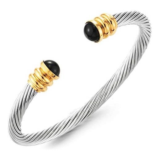 COOLSTEELANDBEYOND elastico regolabile braccialetto del polsino, bracciale da uomo donna, acciaio oro, cavo intrecciato, con perline nere