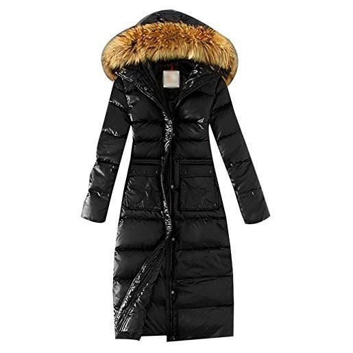 LvRao donna piumini lunghi leggeri cappotti invernali con cappuccio piumino invernale pelliccia ecologica (#2 nero, asia s)
