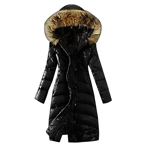 LvRao donna piumini lunghi leggeri cappotti invernali con cappuccio piumino invernale pelliccia ecologica (#1 nero, asia m)