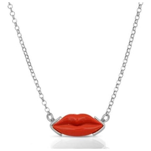 gioiellitaly collana labbra bocca lolita pasta di corallo rosso naturale del mediterraneo montatura in argento 925 rodiato con catenina regolabile gioiello artigianale