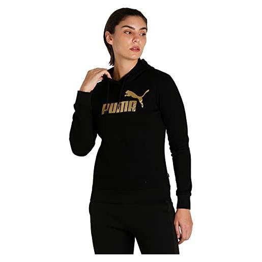 PUMA ess+ metallic logo hoodie fl, sudore women's, lamina nera e oro, m