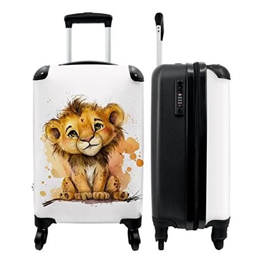 NoBoringSuitcases.com® valigia a mano trolley valigia a rotelle piccola valigia da viaggio con 4 ruote - leone - acquerello - marrone - animali - ragazze - ragazzi - bagaglio a mano