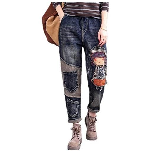 BAIYIT jeans da donna con ricamo a toppa da ragazza dei cartoni animati pantaloni larghi con tasche larghe in denim stile etnico, blu, xl