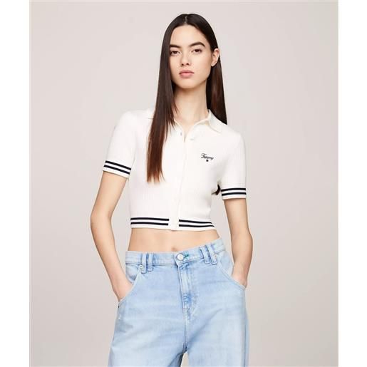 Tommy jeans polo crop slim fit a costine con logo bianca donna