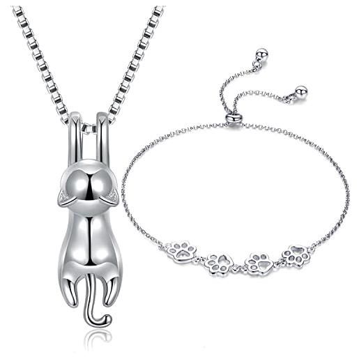 Wonvin Collection donna 925 sterling silver 3d carino gatto lover liscio ciondolo collana bracciale orecchini anello (bracelet+pendant necklace)