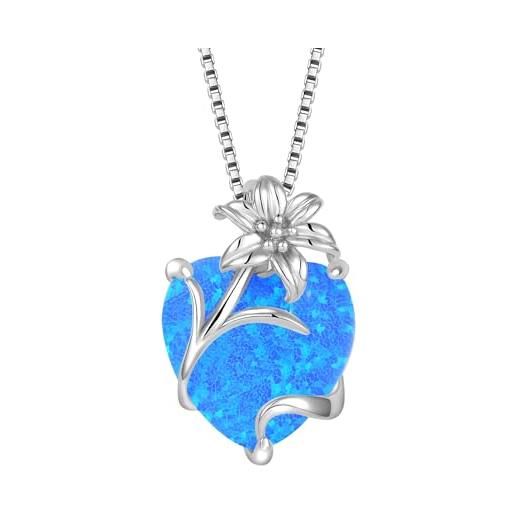 YL collana cuore giglio argento 925 con opale blu ciondolo per donna mamma