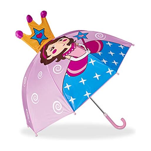 Relaxdays ombrello per bambini 3d principessa, parapioggia per bimba, ombrellino bastone leggero piccolo a campana