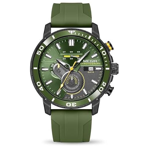 Megir orologio sportivo da uomo, analogico, al quarzo, cronografo, militare, luminoso, con cinturino in silicone, verde