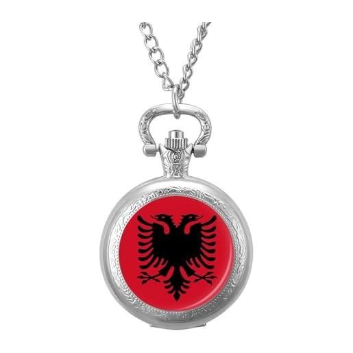 ALTCIRNMD orologio da tasca meccanico retrò/vintage, design della bandiera dell'aquila albanese rosso brillante, collana con ciondolo rotondo per custodia da uomo e donna - regalo per il compleanno, annivers