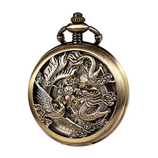 TREEWETO orologio da taschino unisex, stile retrò, con catenina, a carica manuale, drago phönix, in bronzo romano