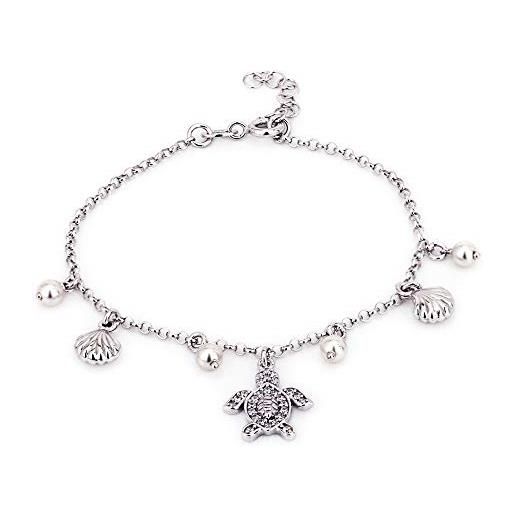 Vanbelle argento sterling jewelry dangling multi charm mare tema turtle and sea shell bracciale con rhodium per donne e ragazze