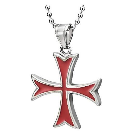 COOLSTEELANDBEYOND croce collana pendente con rosso smalto, uomo donna croce ciondolo, acciaio inossidabile, palla catena 75cm