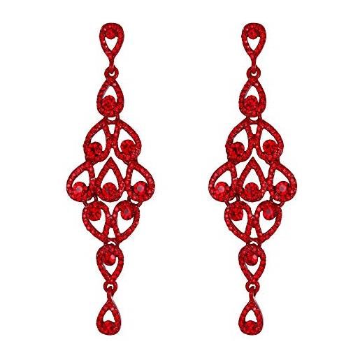 EVER FAITH orecchini con cristalli di boemia, da donna, stile teardrop chandelier, lunghi pendenti, colore: rosso rubino, cristallo, 