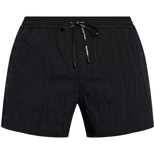 Balmain shorts denim con logo goffrato - nero