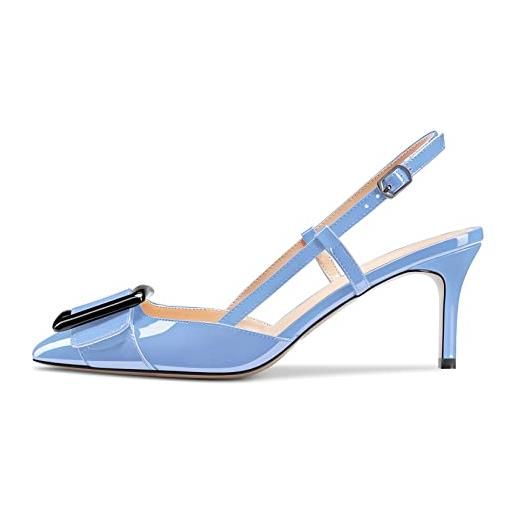 Castamere donna spillo medio tacco heel a punta slip-on pumps slingback nodo fiocco dress da matrimonio feste sandali 6.5 cm heels azzurro verniciata 37 eu