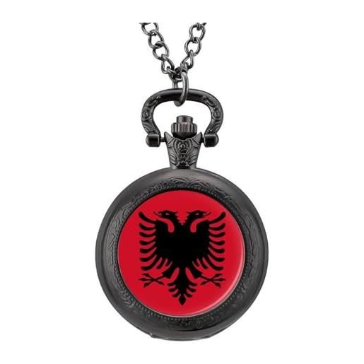 ALTCIRNMD orologio da tasca meccanico retrò/vintage, design della bandiera dell'aquila albanese rosso brillante, collana con ciondolo rotondo per custodia da uomo e donna - regalo per compleanno, anniversari